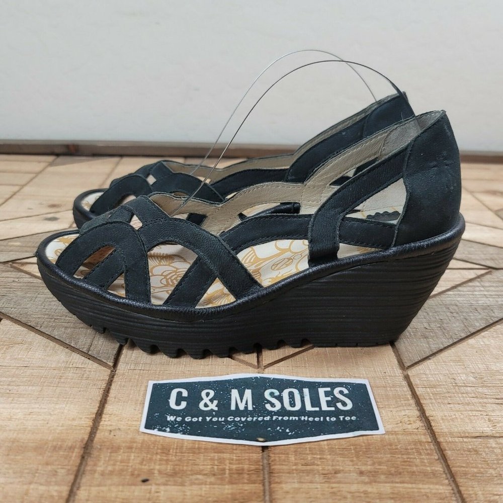Fly London Black Yadi Suede Wedge Sandal Open Toe - Picture 2 of 10